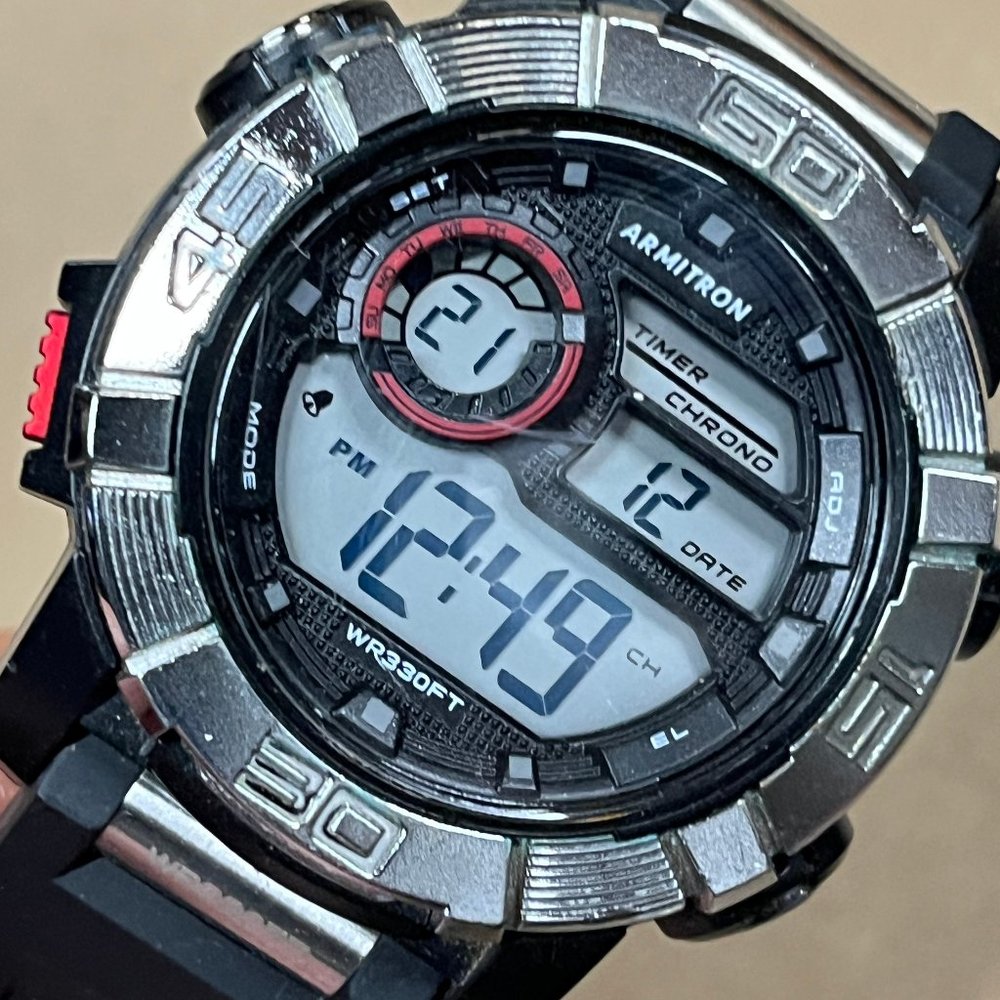 3/$25 Armitron Pro Sport Digital Watch Men Black Round Face New Battery 9"